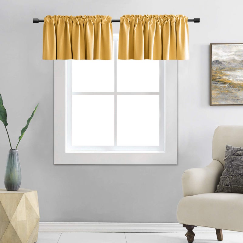 DONREN Gold Yellow Curtain Valances for Living Room - Blackout Rod Pocket Valances for Small Window (42 by 12 Inch,2 Panels) - Image 1